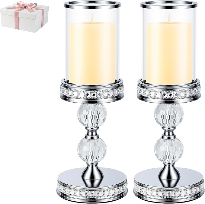 12.4" Tall Hurricane Candle Holder, Pillar Candle Holders with Glass Sleeve with Gift Box, Crystal Candle Stands for Home Warming, Weddiing, Dining Room Decor, Table Centerpiece (2, Silver, M)