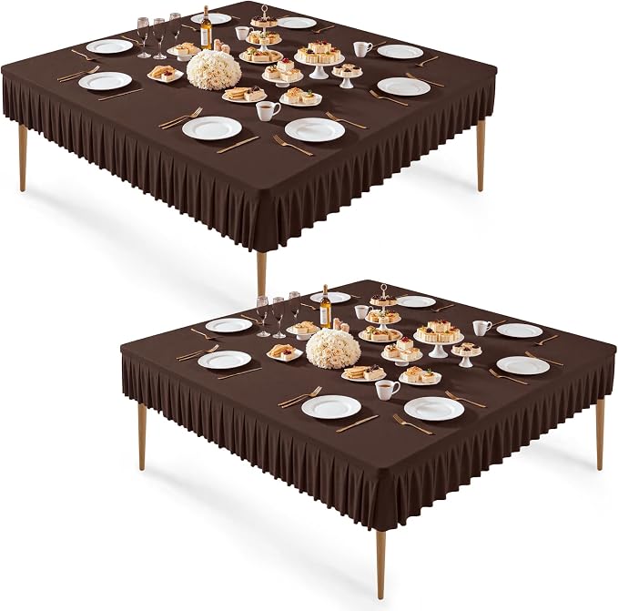2 Pack Chocolate Spandex Tablecloths for 60x60 Inch Square Tables, Stretch Fitted Table Clothes with Pleated Ruffle Skirt for 60” Table, Wrinkle Free and Elastic, for Party Kitchen Home Dining