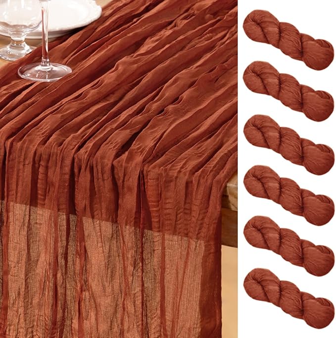 DeZerlor Terracotta Cheesecloth Table Runner Burnt Orange 6 Pack Spring Easter Table Runners 120 Inches Rust Cheese Cloth Table Decor for Wedding Bridal Baby Shower Parties