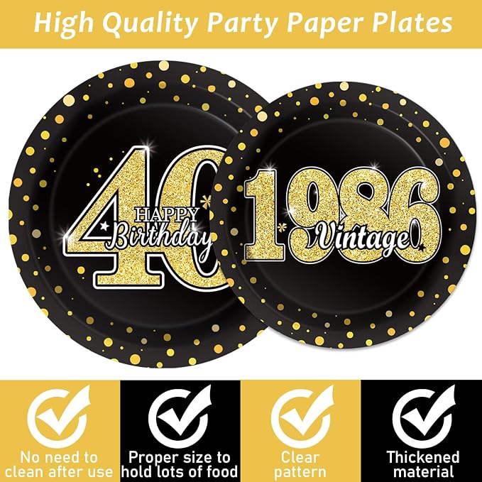 40th Theme Bithday Party Tableware Vintage 1986 Party Supplies 40 Year Old Birthday Decorations Plates Napkins Forks Black and Gold Dinnerware Favors for Men or Women