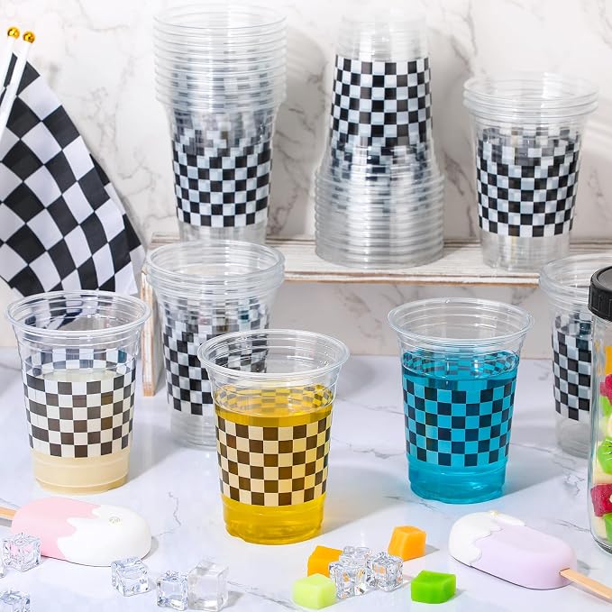 50 Pcs Racing Party Plastic Cups 16 oz Clear Checkered Flag Race Car Cups Bulk Disposable Black and White Plaid Tableware for Fast One Two Birthday Sports Party Supplies Decorations