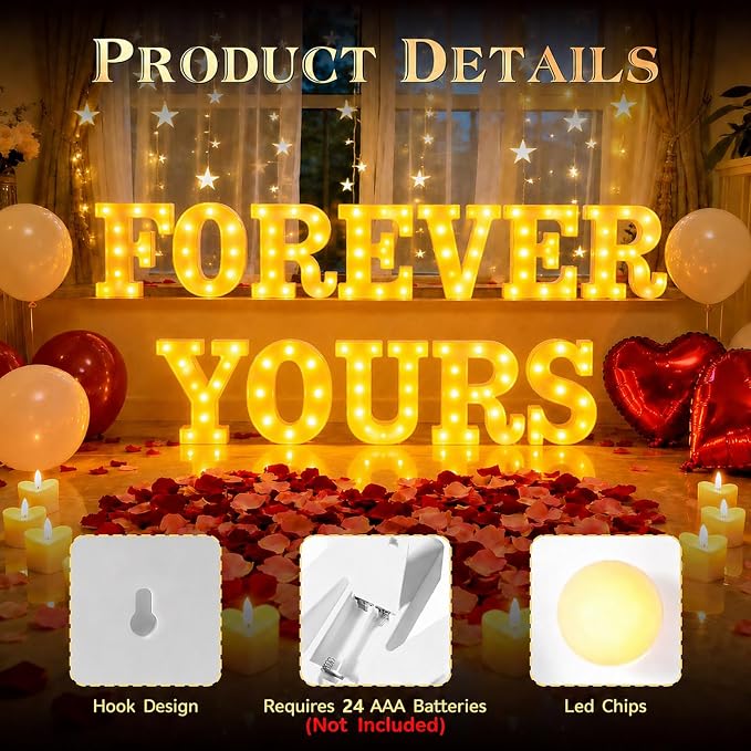 FOREVER YOURS Light up Letters, Include Tea Lights Candles, Latex Balloons, Aluminum Balloons and Rose Petals, Special Festival, Surprise Gifts for Women and Men