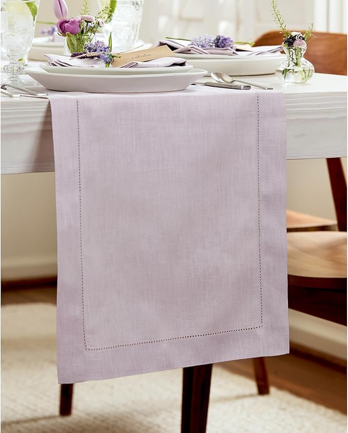 Solino Home Linen Table Runner 60 Inches - 100% Pure Linen Lilac Hemstitch Table Runner 14 x 60 Inch Ideal for Dresser and Coffee Tables, Mothers Day, Spring, Summer - Classic Hemstitch