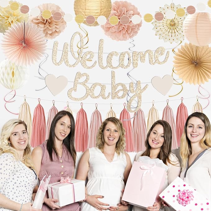 Champagne-Gold Boho Baby Shower Party Decoration -Welcome Baby Banner with Neutral Paper Lanterns, Girl Tassel Garland, Honeycomb Balls, Paper Flowers, Fans, Hanging Swirls Beige Peach Backdrop Décor