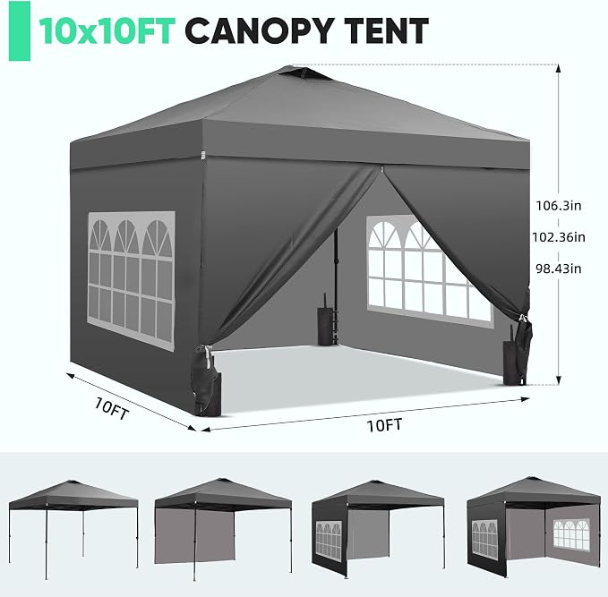GDY 10x10 Pop Up Canopy Tent with 4 Sidewalls, Easy Set up, Outdoor Silver Coated Beach Gazebos, Carpas with 4 Sandbags, for Events, Parties,Camping, Grey.