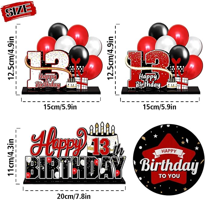 LINGTEER Happy 13th Birthday Red Acrylic Table Topper Centerpieces Set - Cheers to Thirteen Years Old Birthday 13th Bday Party Gift Decorations.