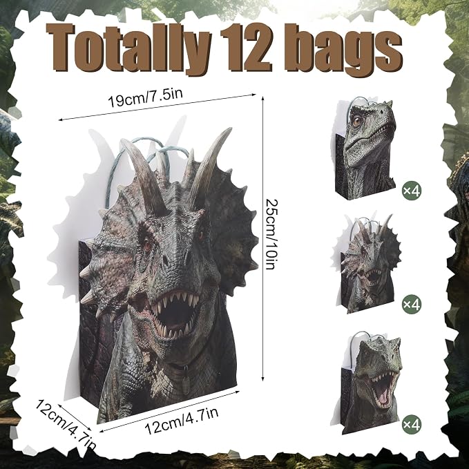 Tosstuki 12 Pcs Realistic Dinosaur Party Favor Bags 3D Dinosaur Birthday Gift Goodie Bags with Handles Dino Treat Paper Bag for Candy Dino Themed Birthday Party Decorations Supplies