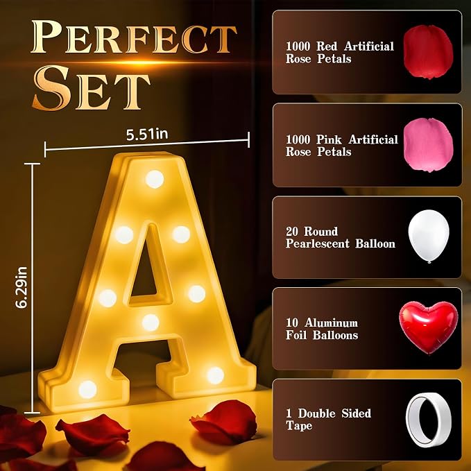 Engaged Decorations, Engaged Light Up Letters Sign with Rose Petals, Aluminum Balloons, Round Pearlescent Balloon, Double Sided Tape for Valentine's Day Wedding Romantic Party