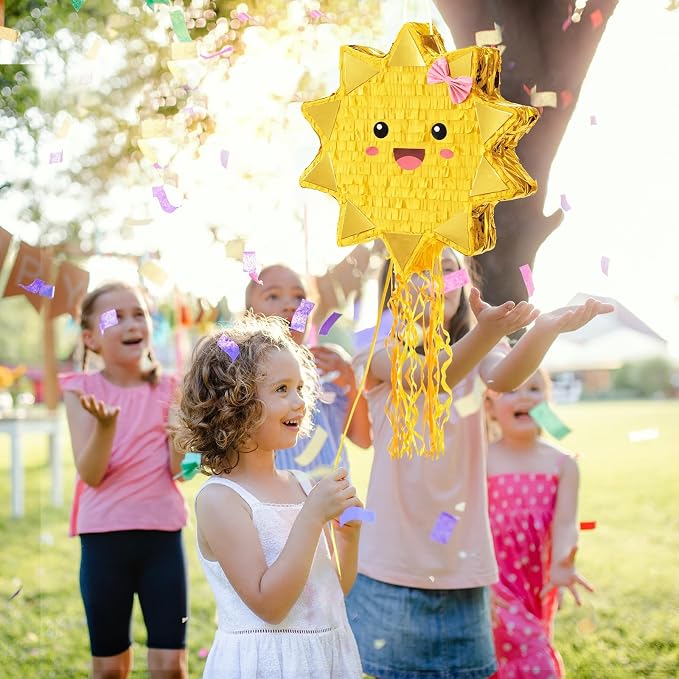 WERNNSAI Sun Piñata - Sunshine Party Decorations Pull String Sun Piñata with Blindfold and Bat for Girls Kids Sunshine Birthday Baby Shower Summer Party Game Supplies