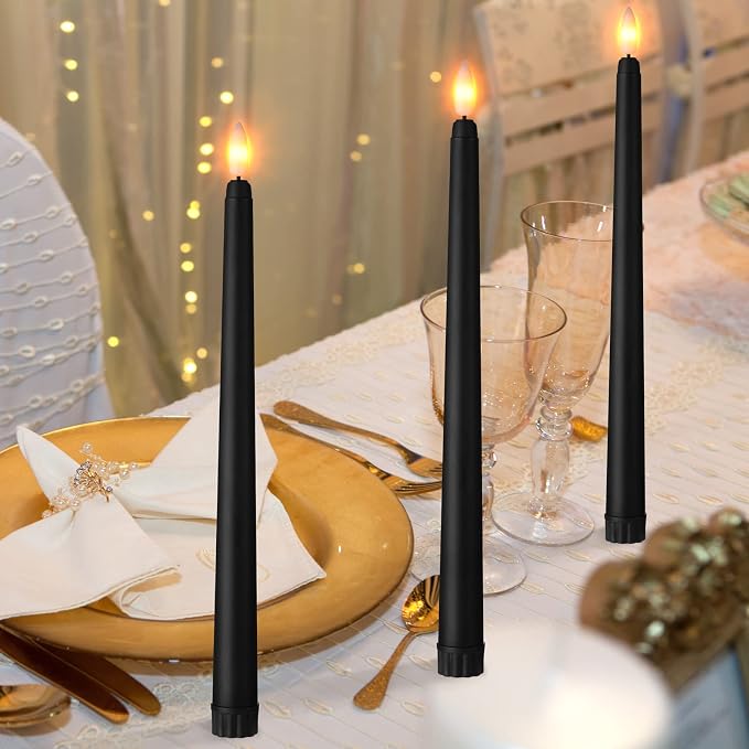 Macarrie 24 Packs Flameless Taper Candles Battery Operated Fake 11 Inch Long Candlelight LED Flameless Candlesticks Flickering Tapered for Summer Fall Wedding(Black)