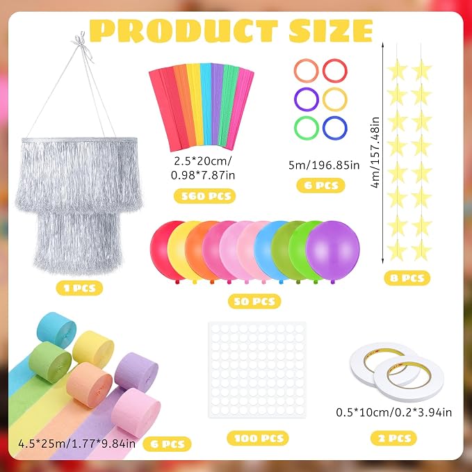 Blueweenly Fancy Princess Birthday Party Decorations Paper Chain Garland Strip Ceiling Party Classroom Decor Crepe Streamer Glitter Star Chandelier Balloons for Wedding Birthday(Rainbow,Small,8 Pcs)