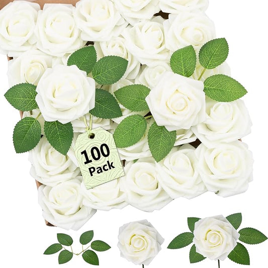 SPORTYOUTH 100Pcs Artificial Flowers White Foam Fake Roses Bulk with Stems, Valentines Gift & Decor, Real Looking for DIY Wedding Bouquets Centerpiece Bridal Shower Party Home Mother Wife