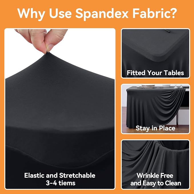 4 Pack Black Fitted Spandex Table Cloth Rectangle 8ft, Wrinkle Free High-Stretch Skirted Tablecloths for 8 Foot Rectangle Tables, Decor Parties Weddings Birthday Banquet Spandex Table Cloths Cover