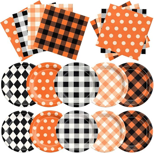 CMUSKO Fall Plaid Decorations - 60pcs Black Orange Buffalo Plaid Plates and Napkins Thanksgiving Halloween Gingham Tableware