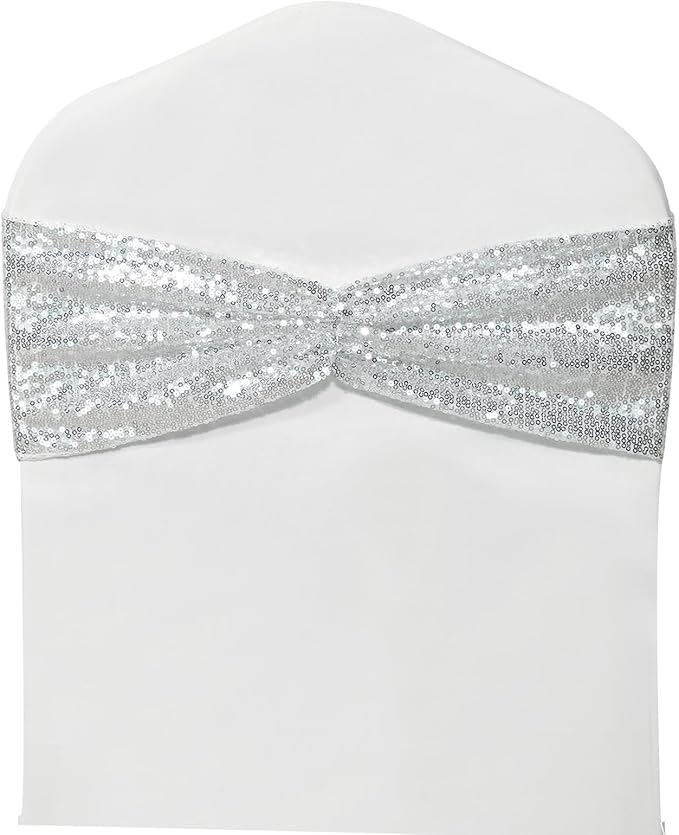 SquarePie Chair Sashes 100 Pack - Silver One-Sided Sequin Bows for Wedding Chairs, Stretch Spandex Bands for Party Fiesta Decor
