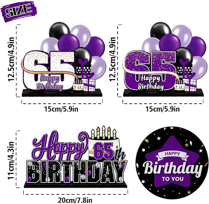 LINGTEER Happy 65th Birthday Purple Acrylic Table Topper Centerpieces Set - Cheers to 65 Years Old Birthday 65th Bday Party Gift Decorations.