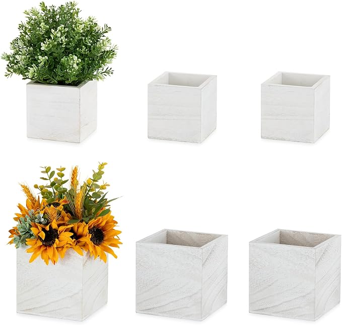 NUPTIO Wooden Box for Centerpiece Wedding: 6 Pcs Rustic Square Planter Box Farmhouse Table Fall Decor - 4×4" & 5×5" Whitewashed Small Wood Vases Flower Pots for Windowsill Home Garden