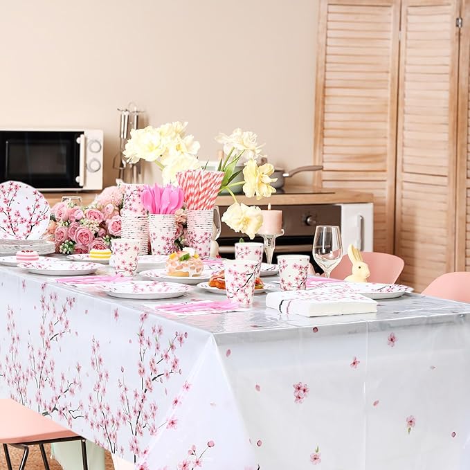 Funnymoom 452 Pcs Cherry Blossom Party Decorations Supplies Include Cherry Blossom Paper Plates Napkins Cups Tablecloth Cutlery Straws for Baby Shower Birthday Bridal Shower Wedding Party