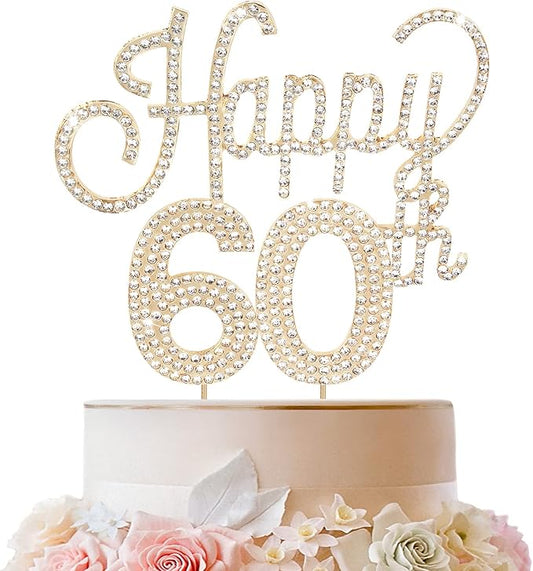 LINGTEER Happy 60th Birthday Gold Rhinestone Cake Topper - Cheers to 60th Birthday Sixty Years Old Anniversary Party Cake Centerpieces Topper Decorations Gift Sign.