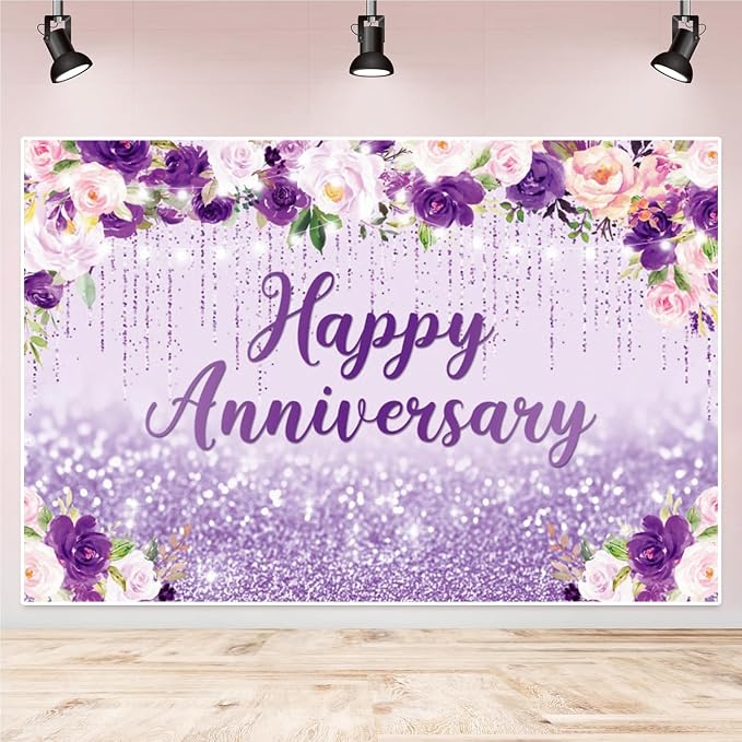 10x6.5ft Happy Anniversary Backdrop, Floral Glitter Backdrop for Women Wedding Anniversary Decoration Violet and Pink Flowers Photography Background Cake Table Banner Party Decor