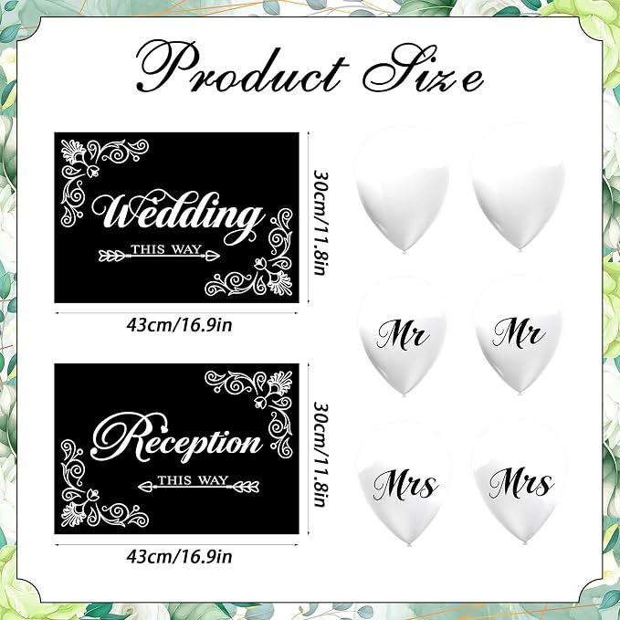 2 Pcs Wedding Reception Signs with 6 White Balloons, Set of 2 Double-Sided Directional Arrow Yard Signs with Metal Stakes, Waterproof Plastic Outdoor Decor Kit for Ceremony and Parking