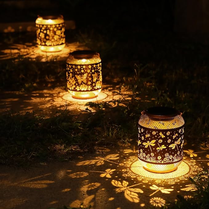 2 Pack Dragonfly Solar Lanterns Outdoor Waterproof Garden Decor Gifts for Mom Women Grandma Metal Hanging Solar Lights Outdoor Decoration for Patio,Yard,Porch,Backyard
