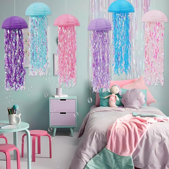Mermaid Birthday Decorations, Jellyfish Paper Lanterns Pink Purple Blue White Hanging Lantern for Mermaid Birthday Party Baby Shower Under The Sea Ocean Decorations Pack of 8