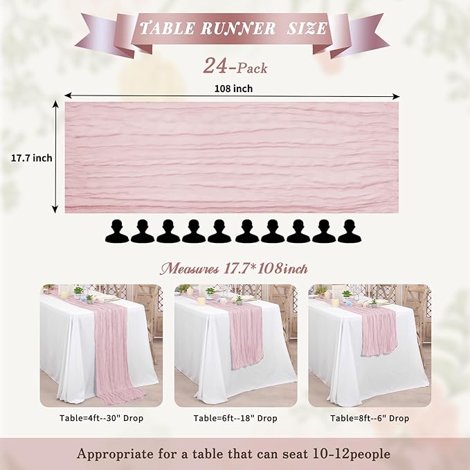 24 Pack Dusty Pink Cheesecloth Table Runner,Table Runner Long Romantic Semi Sheer Rustic Boho Gauze Table Runners for Wedding Bridal Shower Birthday Party Decorations(17.7×108 Inch)