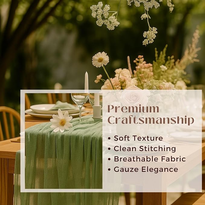 3 Pack Sage Green 10FT Cheesecloth Table Runners –120 Inch Rustic Gauze Bulk Set for Wedding Reception, Woodland Baby Shower, Garden Party, or Boho Spring Event Decor