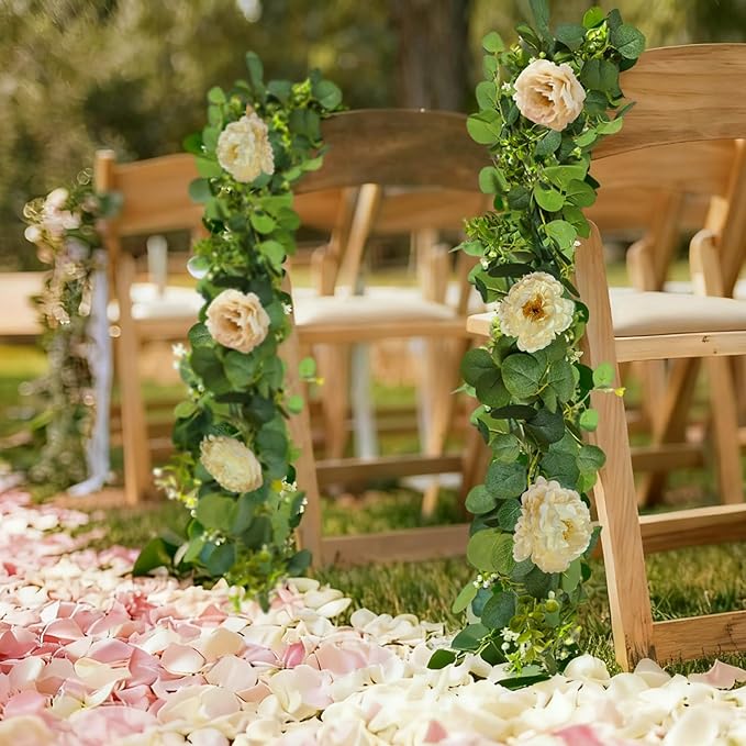 4 Packs 24FT Artificial Eucalyptus Flower Garland with White Camellias, Faux Greenery Garland Wedding Decor Fake Flower Rose Hanging Vine for Home Yard Table Party Decor