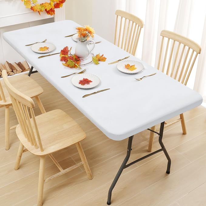 Smiry 3 Pack Rectangle Table Cloth, Elastic Fitted Flannel Backed Vinyl Tablecloths for 6ft Folding Tables, Waterproof Wipeable Table Covers for Indoor, Outdoor, Camping and Picnic (White, 30"x72")
