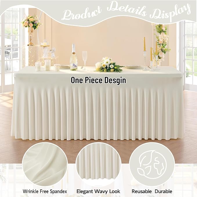 leegleri 2 Pack Ivory Spandex Fitted Table Clothes for 8 Foot Rectangle Tables, Wrinkle Free 8ft Spandex Table Cover with Skirt for Banquet Weddings Parties