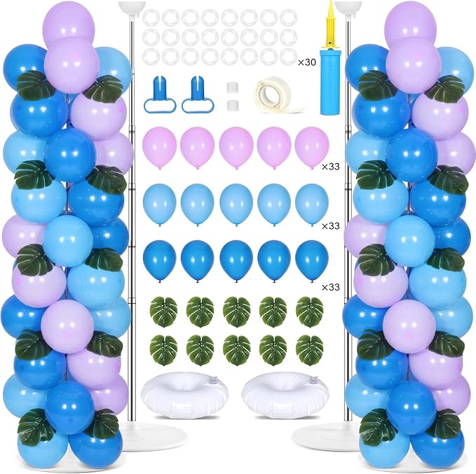 2 Sets Blue Purple Balloon Column Stand Kit with 99 Blue Purple Foil Balloons 10 Palm Leaf 5.57ft Adjustable Balloon Tower Stand with Bases Adjustable Arch Column for Tropical Birthday Party Decor