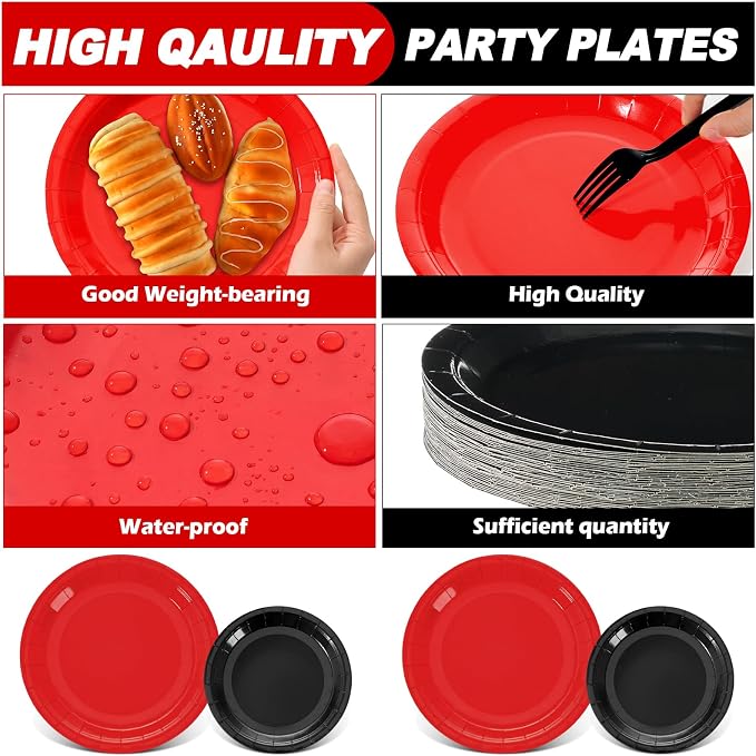 256 Pcs Red and Black Party Supplies Black and Red Birthday Disposable Paper Plates Napkins Plastic Tablecloth Fork Cup Tableware Sets for Birthday Baby Shower Party Decorations