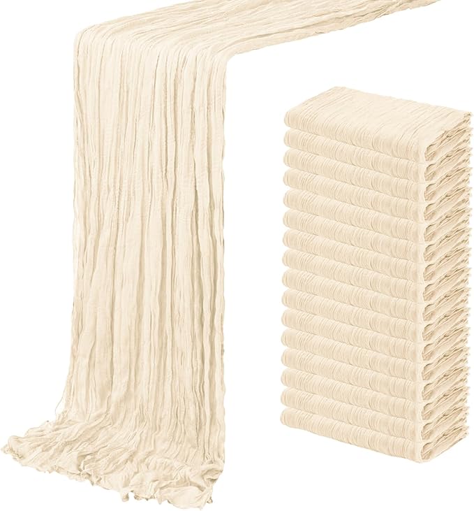 16 Pack Ivory Cheesecloth Table Runner 20 x 120 inch Gauze Table Runners 10 FT Long,Semi Sheer Cheese Cloth Fabric Table Runner Bulk for Wedding,Party,Baby Shower,Bridal Shower Decoration