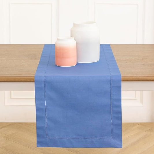 Solino Home Dusty Blue Table Runner 90 Inches Long - Cotton Linen Hemstitch 14 x 90 Inch Table Runner for Dining, Spring, Summer, Mothers Day