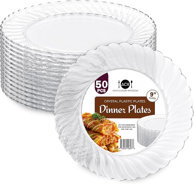 Aya's Cutlery Kingdom 50 Pack Clear Plastic Plates 9 Inch - Heavy Duty, Round, Disposable Plates for Parties, Weddings, and Events - Elegant Party Plate for Serving Appetizers, Salads, and Desserts