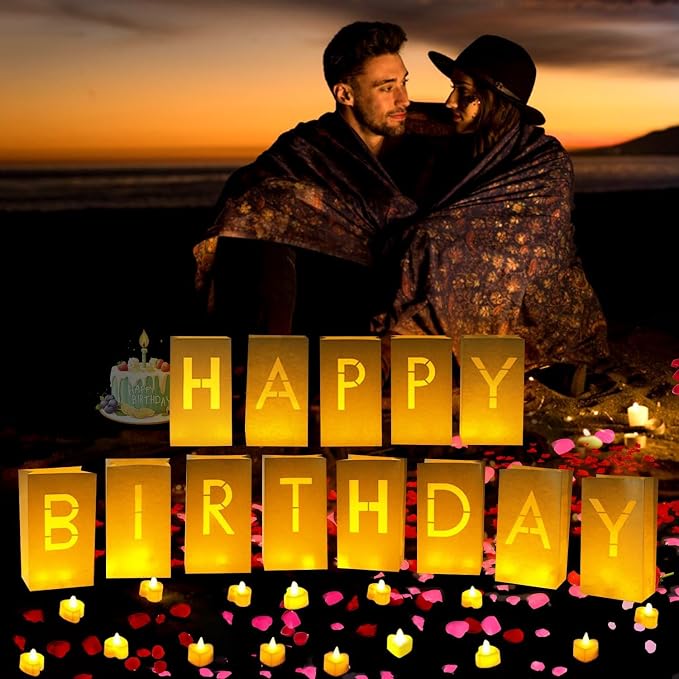 Happy Birthday Decorations for Women Men, Light Up Letters Luminary Bags with 30PC Bright LED Candles and 2000PC Fake Rose Petals, Surprise Birthday Party Banner Signs