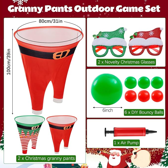 Christmas Granny Pants Outdoor Game Set, Giant Granny Funny Pants with Pump Bouncy Balls & Christmas Glasses, Holiday Yard Tossing Game for Adults Family Party(11 Pcs,Classic Style)