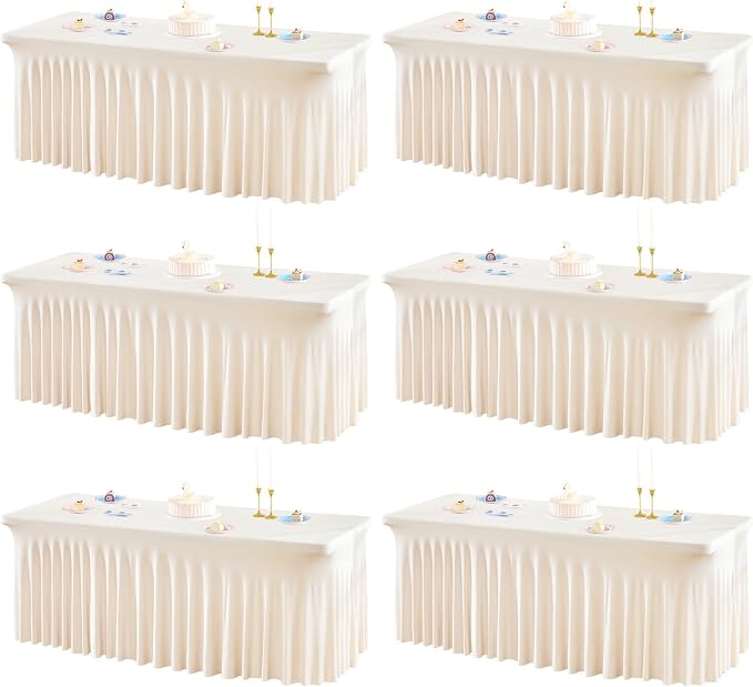 Shillance Ivory Spandex Table Covers 8ft, 6 Packs Fitted Table Covers for 8 Foot Tables Stretch Spandex Table Skirts Rectangle Tables for Event, Wedding, Banquet & Parties