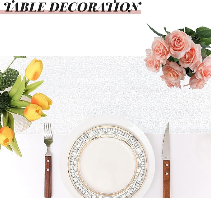 Sugargirl 10 Packs 12 x 72 inches Sequin Table Runner, Glitter White Table Runner for Birthday Party Supplies Wedding Holiday Celebration Event Decorations