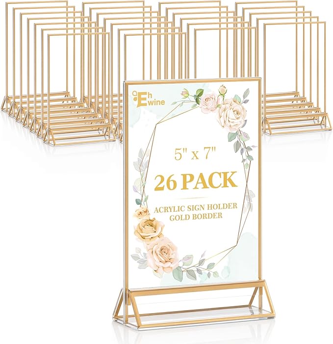 EHWINE 26 Pack 5×7 Clear Acrylic Sign Holder with Gold Borders and Vertical Stand, Double Sided Table Menu Holders Picture Frames for Wedding Table Numbers, Restaurant Signs, Photos and Art Display