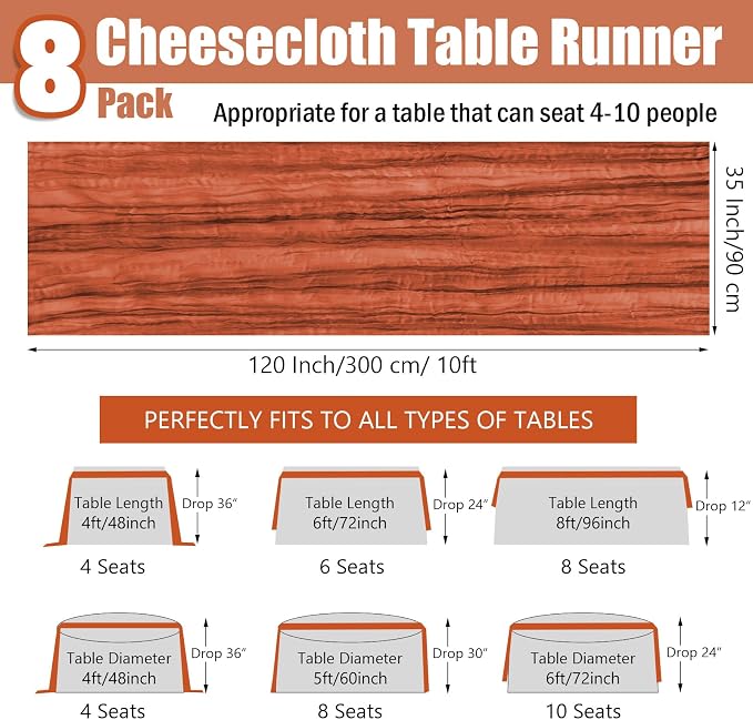 8 Pack 10 ft Terracotta Cheesecloth Table Runner 35 x 120 Inches Boho Gauze Easter Cheese Cloth Table Runners Romantic Sheer Table Runner for Wedding Centerpiece Bridal Shower Party Decorations