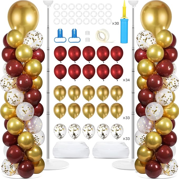 2 Sets Red and Gold Balloon Column Stand Kit with 100 Balloons Adjustable Balloon Tower Stand with Bases for Floor Confetti Balloon Column Kit for Bridal Graduation Birthday Appreciation Party Decor