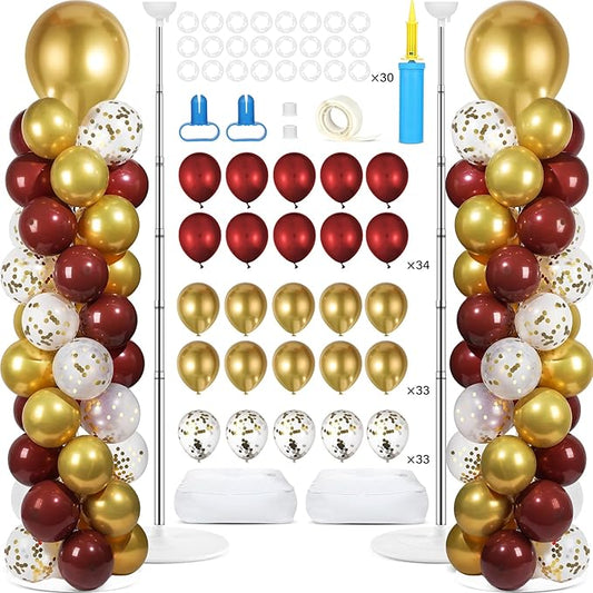 2 Sets Red and Gold Balloon Column Stand Kit with 100 Balloons Adjustable Balloon Tower Stand with Bases for Floor Confetti Balloon Column Kit for Bridal Graduation Birthday Appreciation Party Decor