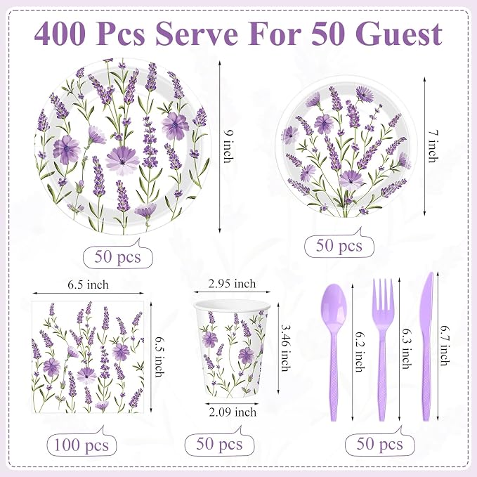 Funnymoom 400 Pcs Purple Lavender Floral Party Supplies Spring Lavender Paper Plates Napkins Cups Spoons Forks Knives for Wedding Birthday Bridal Baby Shower Party Decorations