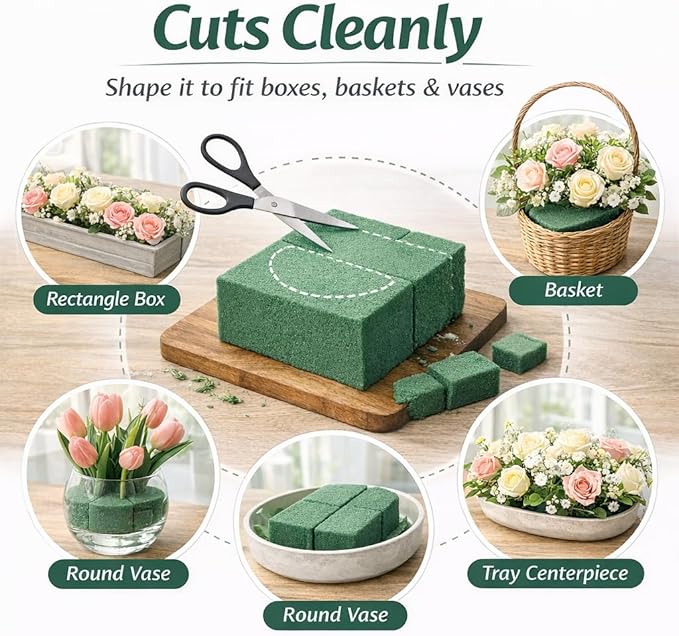 36 Pcs Floral Foam Blocks Set with 3 Green Tapes, Wet & Dry Flower Foam Bricks for Fresh and Artificial Arrangements, Green Florist Foam for Wedding, Party, Birthday, Home Decorations