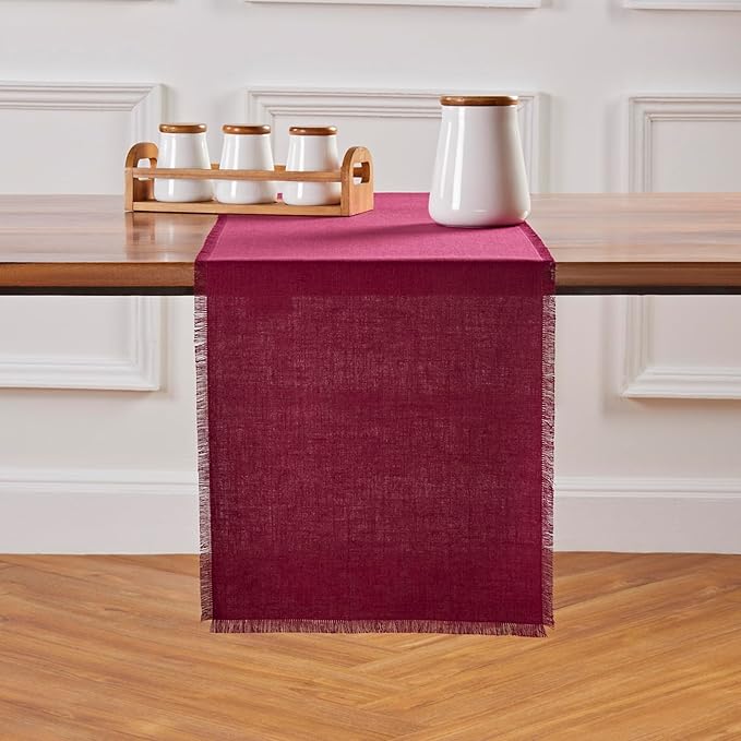 Solino Home Linen Beet Table Runner 72 Inches Long - Fringe, 100% Pure Linen Dining Table Runner 14 x 72 Inch for Mothers Day