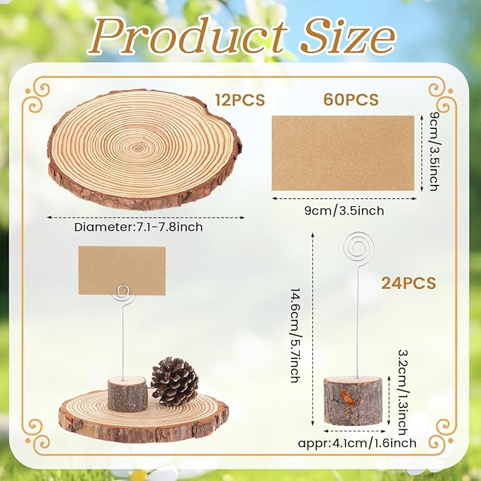Amyhill Wedding Table Centerpieces 12 Wood Slices 24 Wood Place Card Holders 60 Kraft Place Cards Natural Wooden Table Number Holders Rustic Food Labels Sign Name Card Picture Holder with Swirl Wire