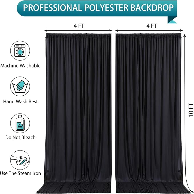 Black Backdrop Curtain 2 Panels-Wrinkle-Free Black Curtains Polyester Photography Drapes for Wedding Birthday Party Photo Background Backdrop Stand- 8 X10FT